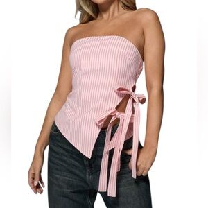 MISSGUIDED Strapless Bandeau Top With Side Bow Tie Pink Pin Striped Women's Top